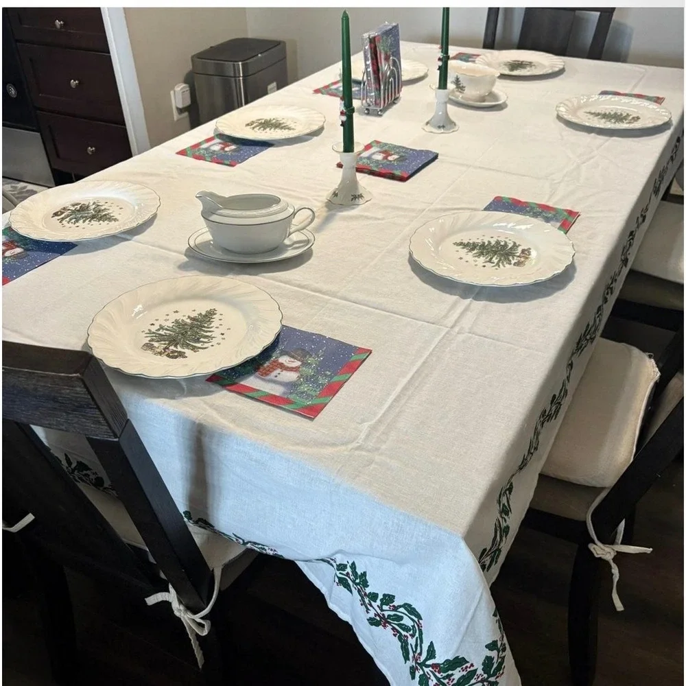 Threshold Christmas Holly Berry Border Cotton Rectangular Tablecloth‎ White